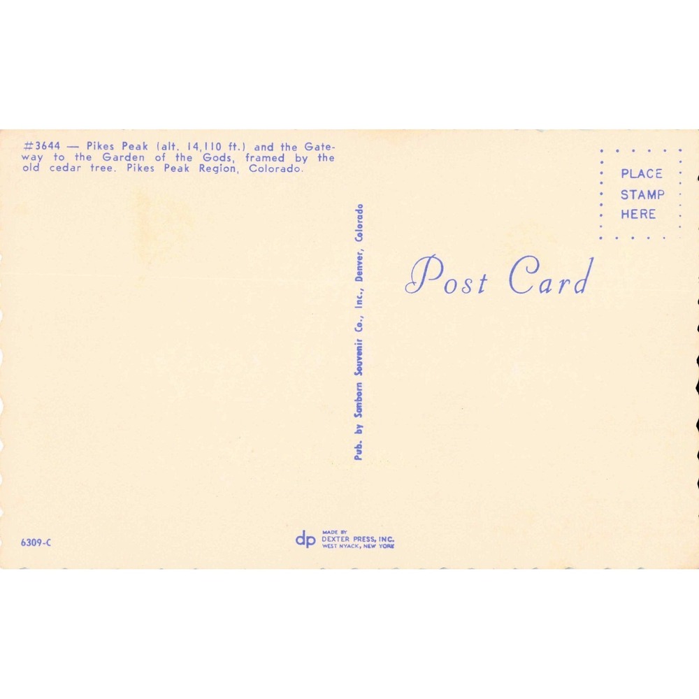 Vintage Pikes Peak Garden of the Gods Colorado Postcard #3644 Sanborn Souvenir - Picture 2 of 2